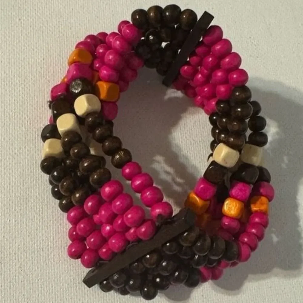 Vintage Y2K Womens Chunky Pink Brown Layered Beaded Cuff Bracelet Boho Western